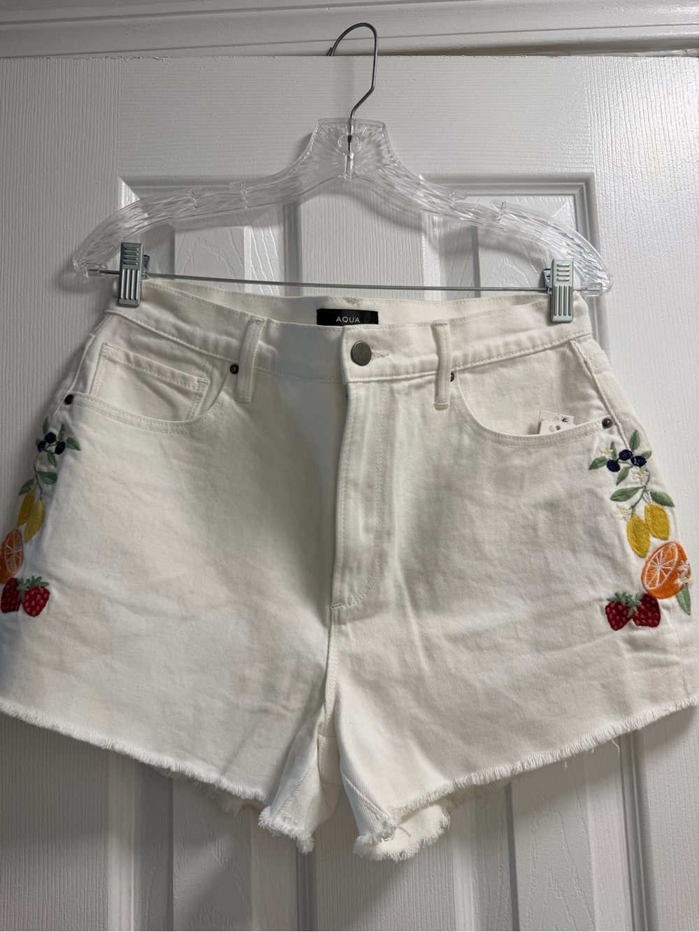 Aqua White Embroidered Fruit Denim Shorts